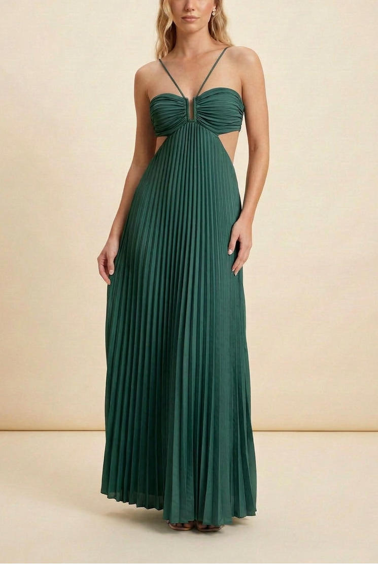 Pleated Ruched Halter Cut Out Flowy Maxi Dress - Wedding Guest