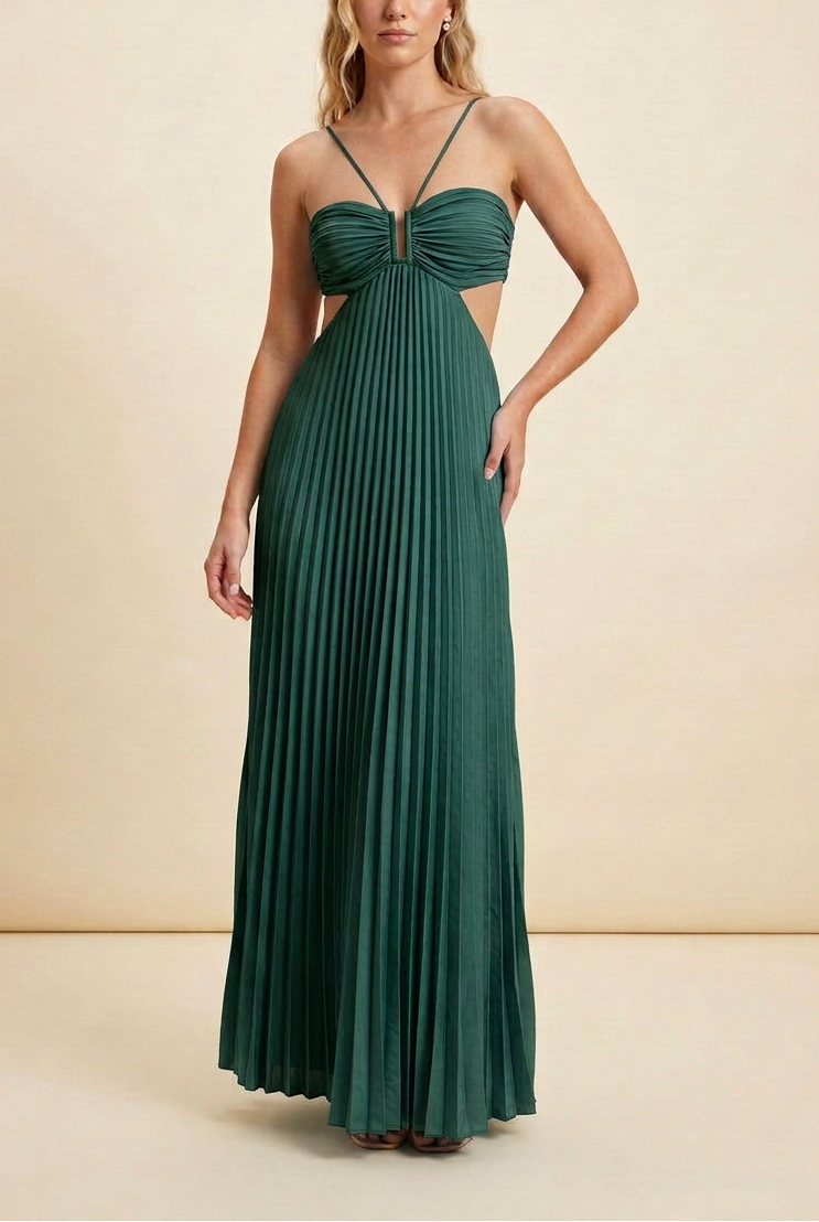 Pleated Ruched Halter Cut Out Flowy Maxi Dress - Wedding Guest
