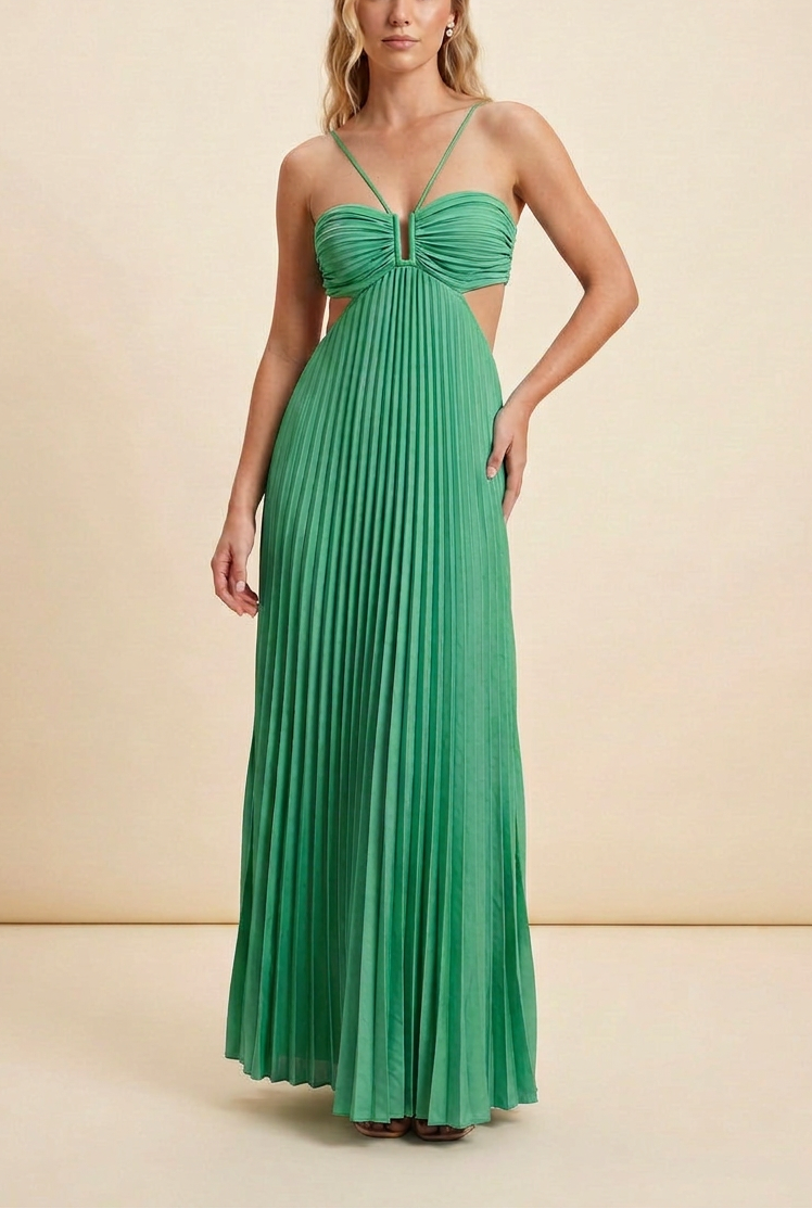 Pleated Ruched Halter Cut Out Flowy Maxi Dress - Wedding Guest