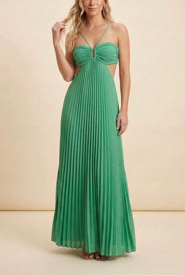 Pleated Ruched Halter Cut Out Flowy Maxi Dress - Wedding Guest
