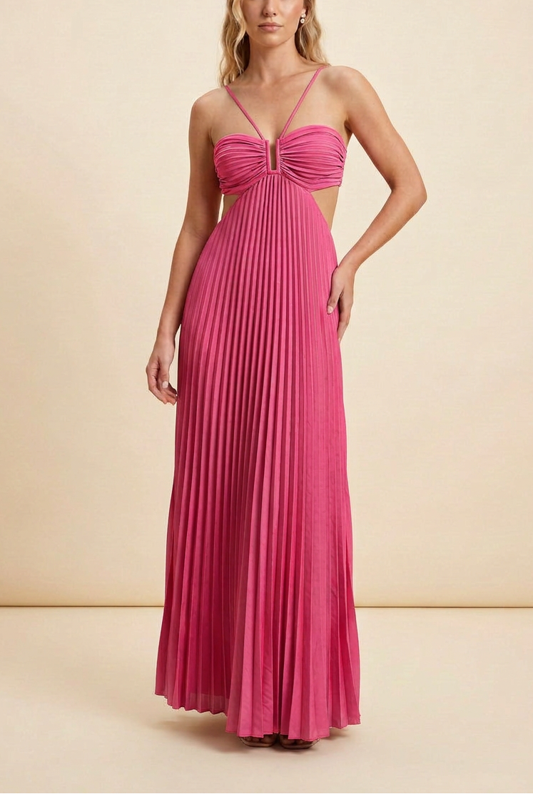 Cross Strap Halter Ruched Bust Cut Out Pleated Flowy Maxi Dress - Wedding Guest