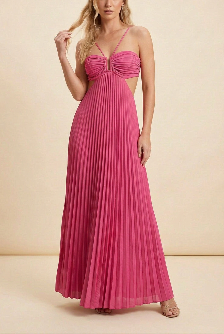 Pleated Ruched Halter Cut Out Flowy Maxi Dress - Wedding Guest