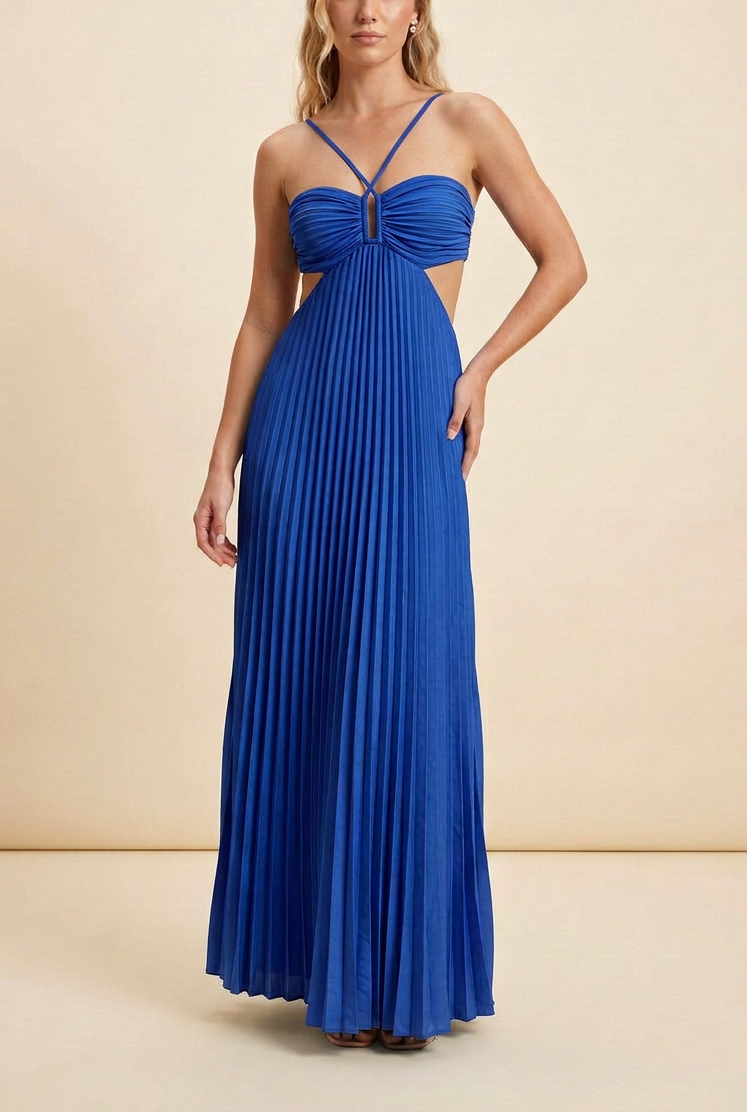 Pleated Ruched Halter Cut Out Flowy Maxi Dress - Wedding Guest