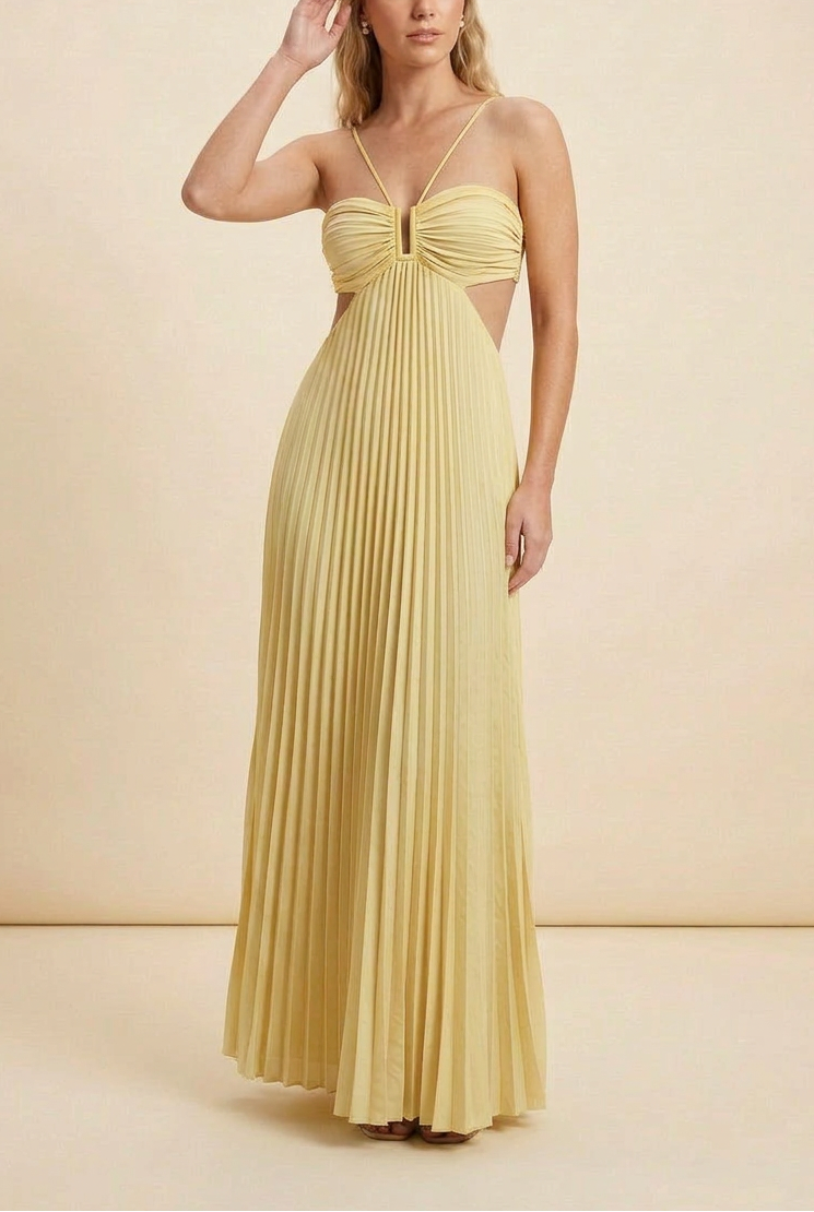 Pleated Ruched Halter Cut Out Flowy Maxi Dress - Wedding Guest