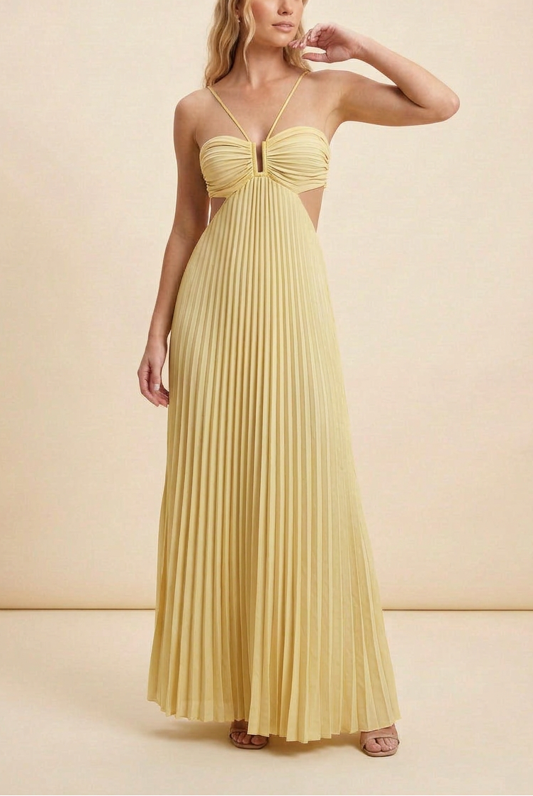 Cross Strap Halter Ruched Bust Cut Out Pleated Flowy Maxi Dress - Wedding Guest
