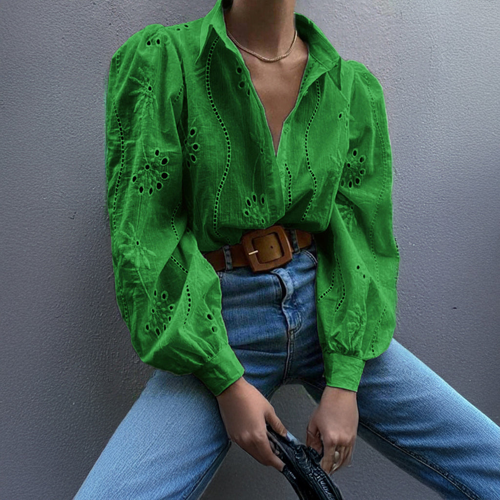 Antique Flower Stitching Hollow Out Puff Sleeve Boho Top