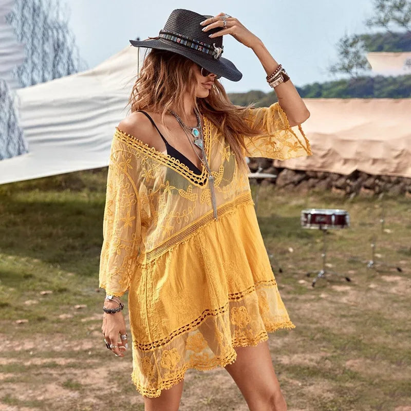 Delicate Deep Plunge Botanical Stitching Bohemian Wrap