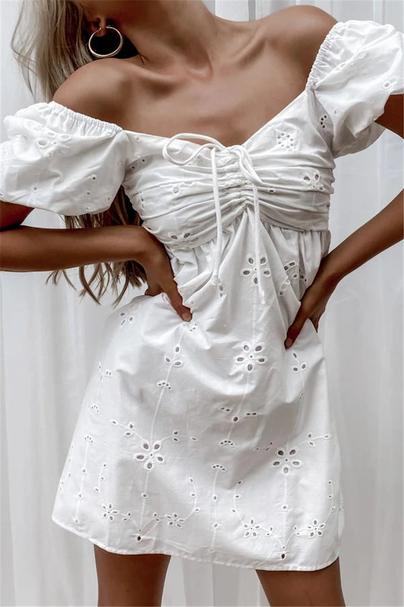 White Lace Embroidery V-neck Cotton Wrist Mini Boho Dress