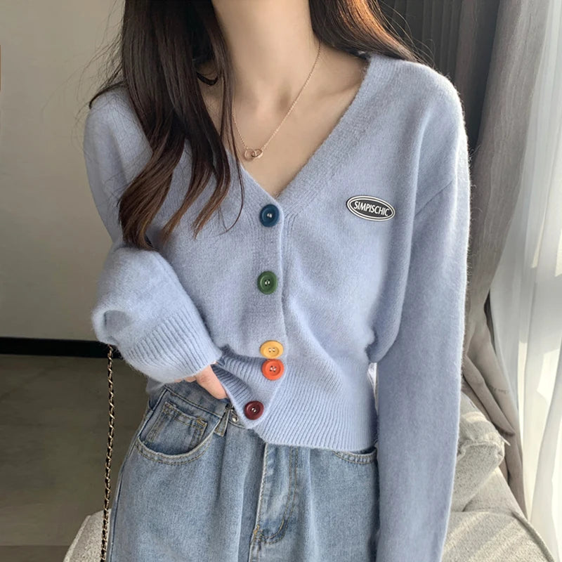 Vivid V-Neck Baggy Extended Sleeve Informal Knit Cardigan