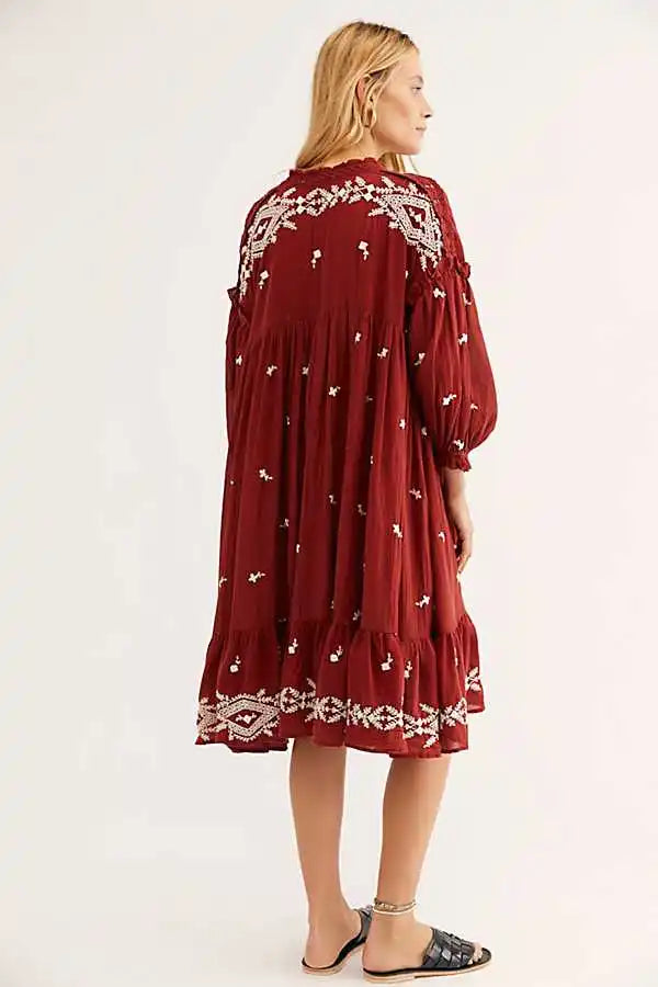 Button Up Black Embroidery Vintage Cotton Boho Dress
