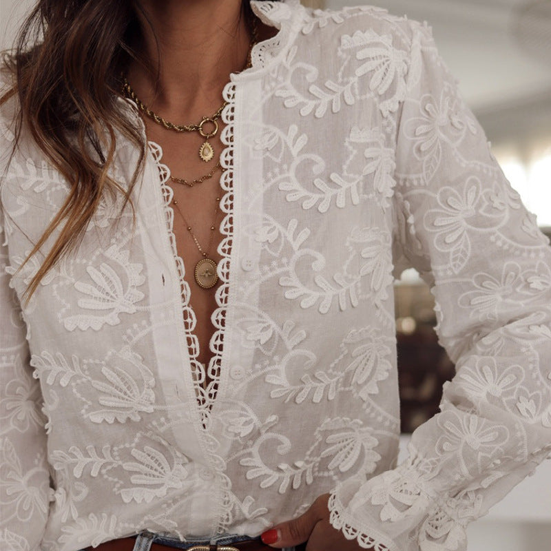 Soft Floral Stitching V-Neck Bohemian Top