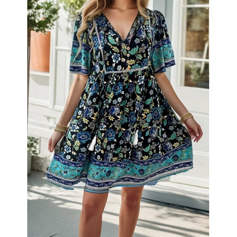 Bohemian Seaside Flower Pattern Short Flower Dress
