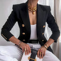 Gold Coin Button Double Breasted Peak Lapel Slim Fit Blazer
