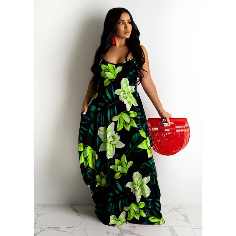 Flowing Flower Pattern Slip Dress Maxi Skirt Flower Dress