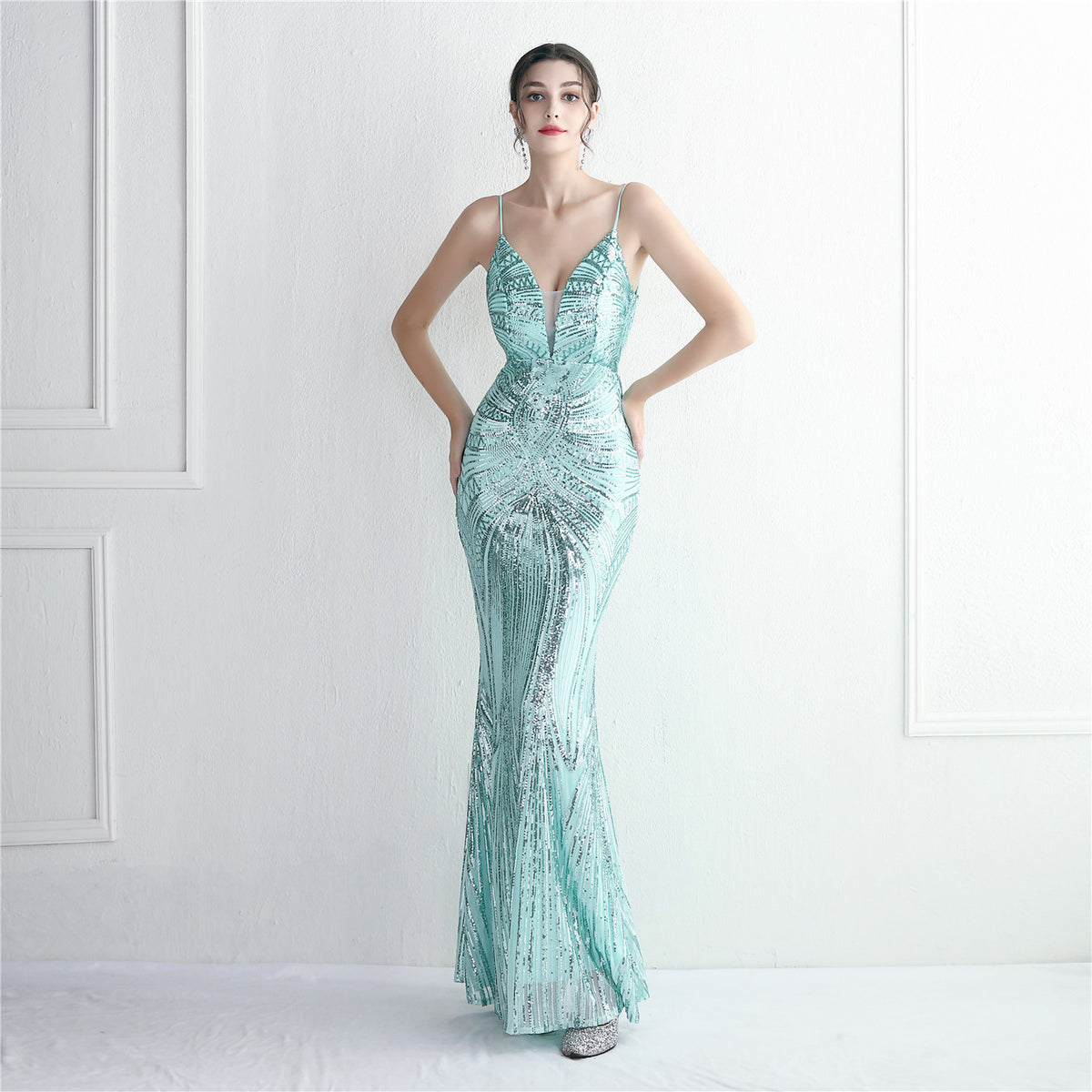 Woman wearing Mint Sequin Lace-Up Mermaid Prom Gown from Hicosy