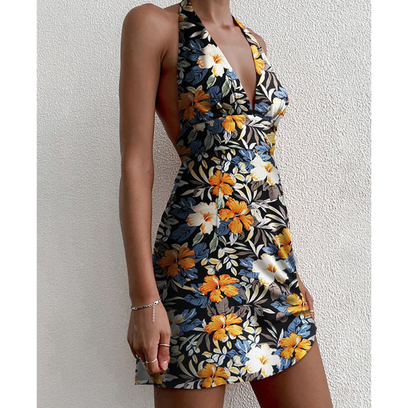 Y2K Flowery Sleeveless Halter Neck Backless Floral Dress