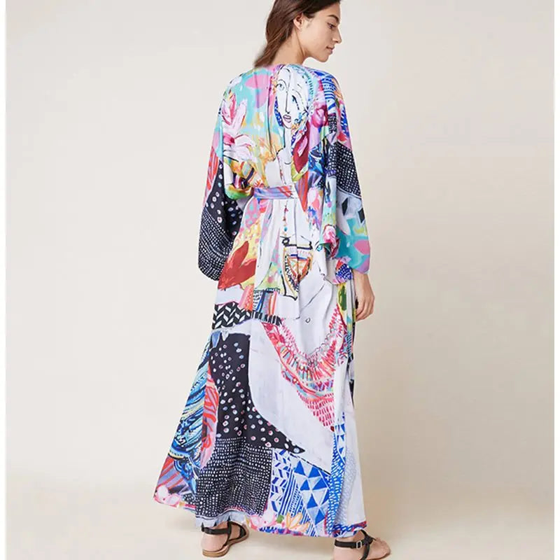 Synthetic Pop Printed Bohemian Kimono Swimsuit Cover up