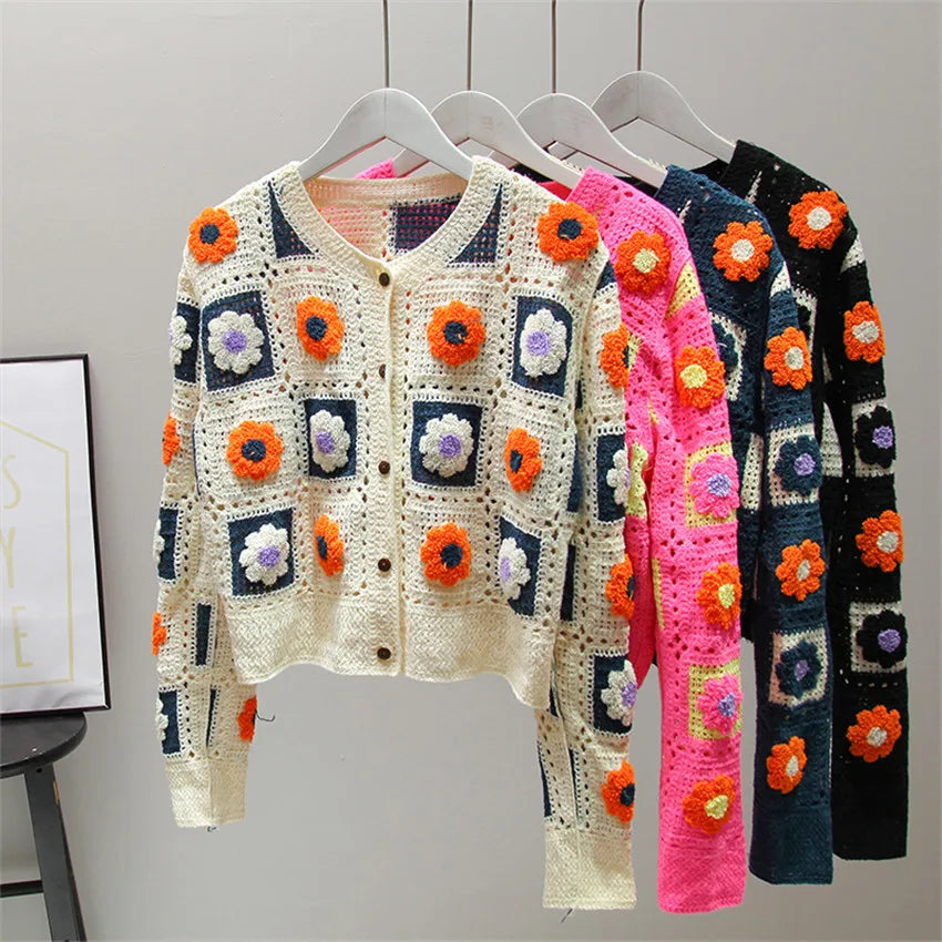 Multihued Y2K Baggy Crochet Knit Cardigan