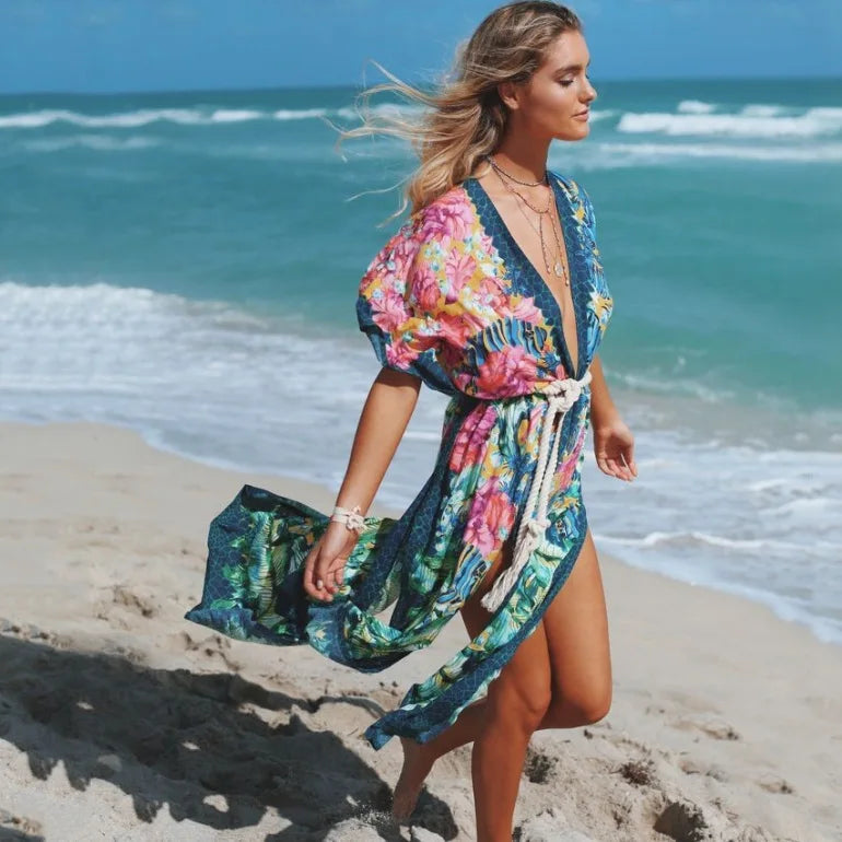 Side Division Kaftan Flower Pattern Bohemian Cover up