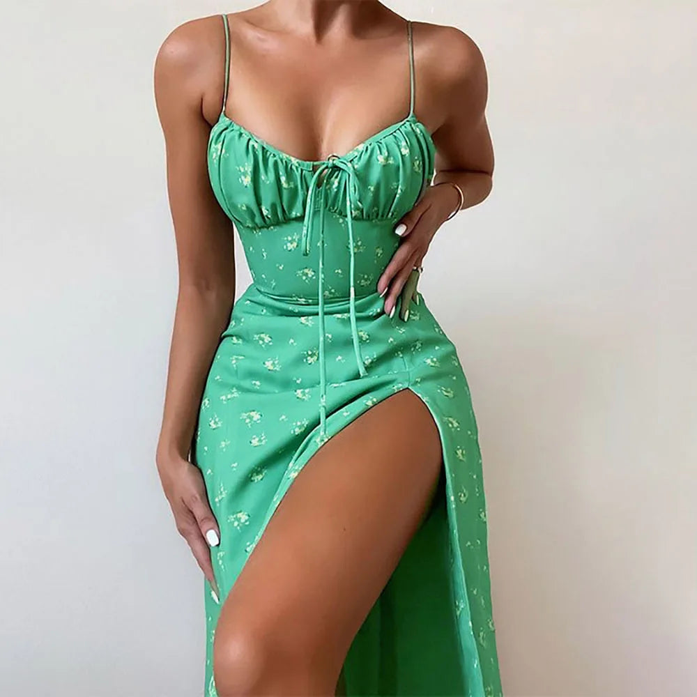 Attractive Spaghetti Strap Slit Floral Beach Party Dress