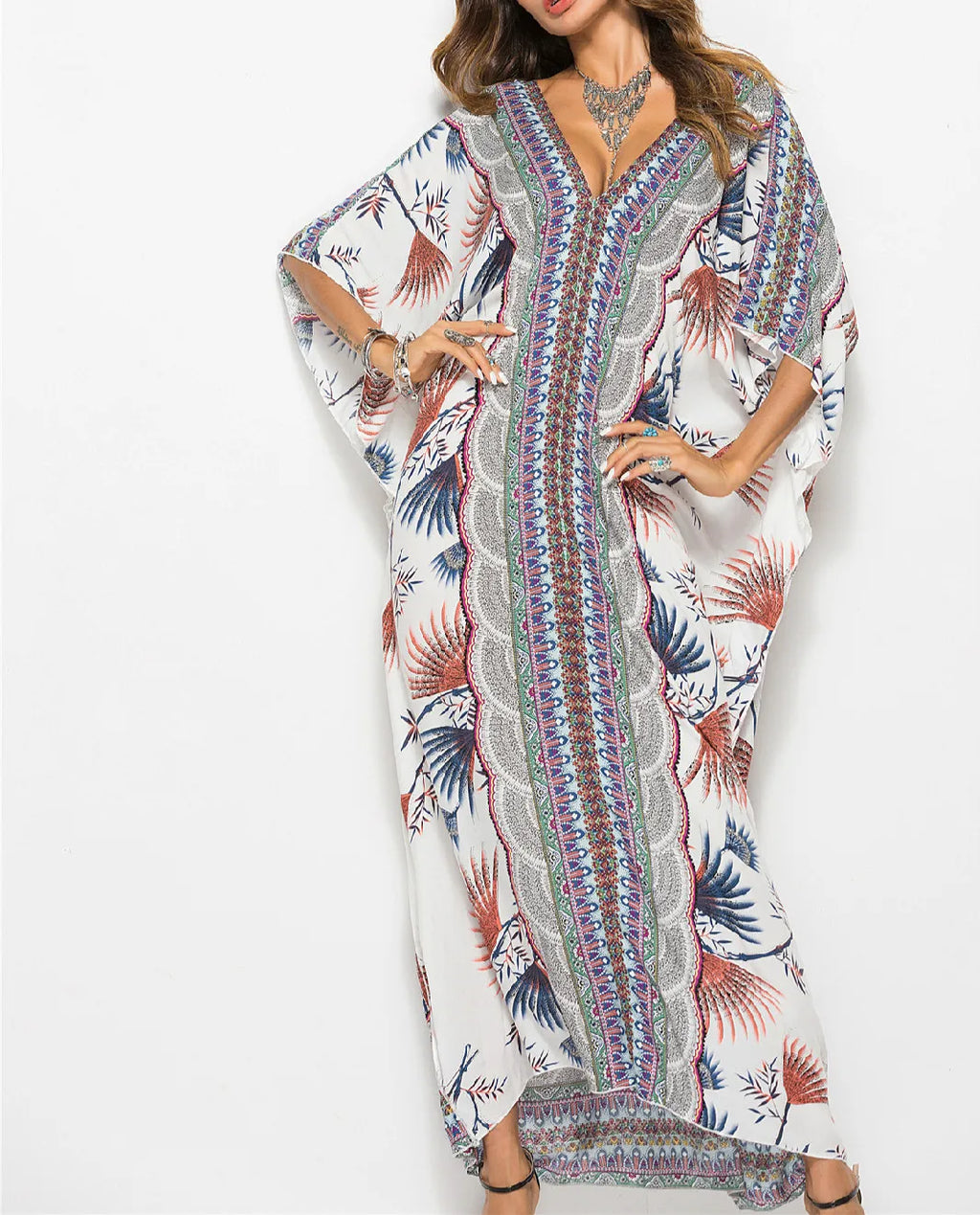 Soft Rayon Flower Print Long Bohemian Cover up