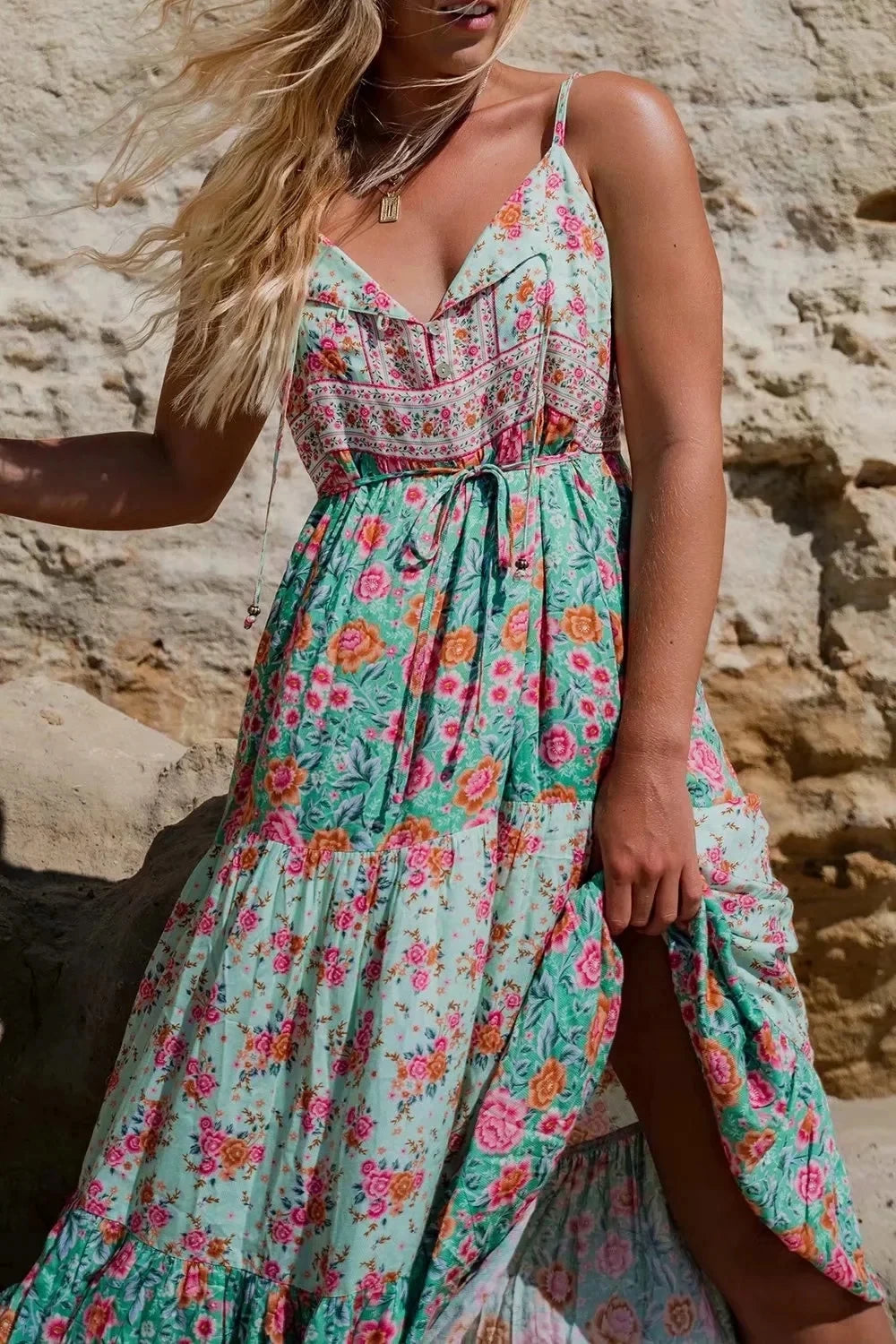 Green Floral Sleeveless Rayon Maxi Boho Dress