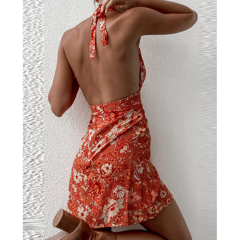 Y2K Flowery Sleeveless Halter Neck Backless Floral Dress