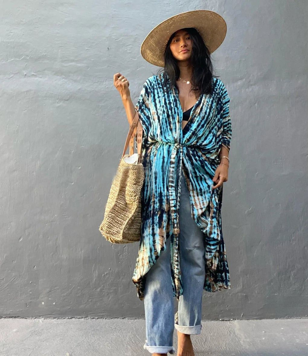 Soft Rayon Striped Pattern Cardigan Boho Beach Cover up