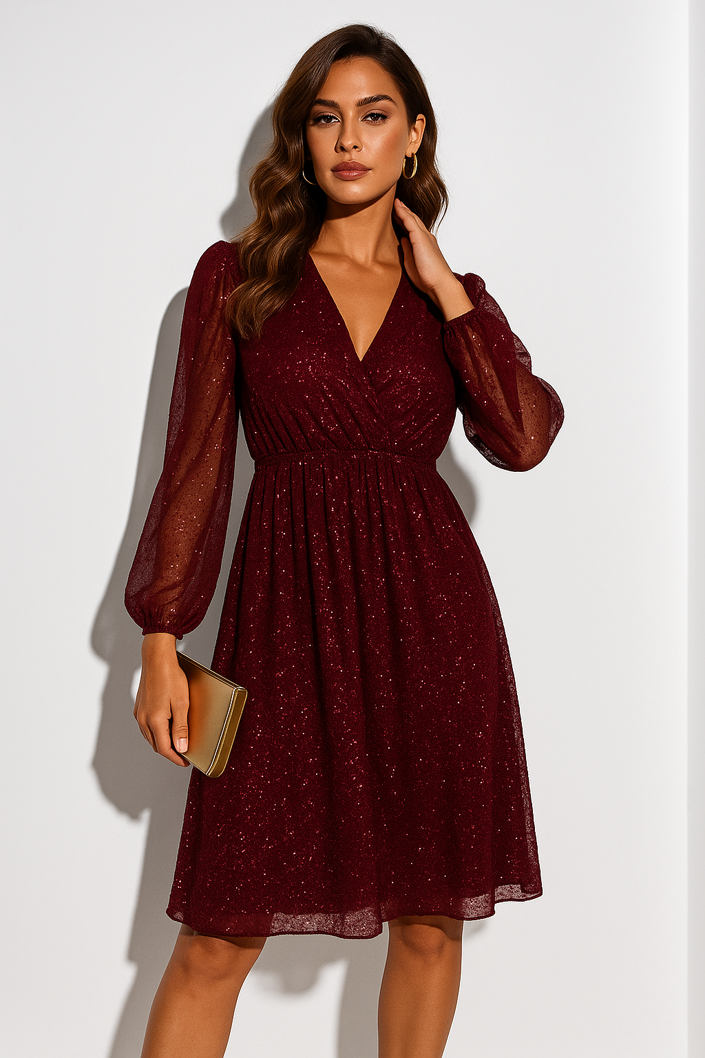 Glitter Mesh Puff Sleeve Wrap V-Neck Mini Dress