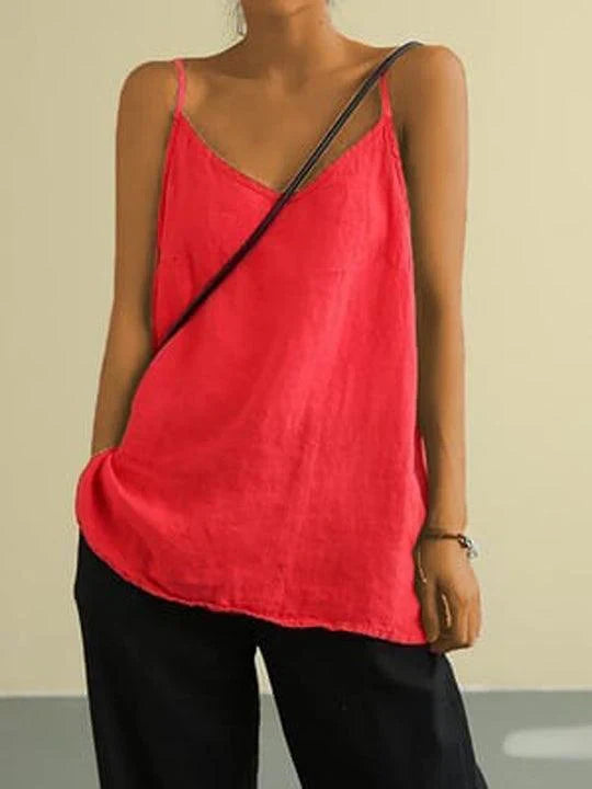 Linen Spaghetti Strap Loose V Neck Cami Top