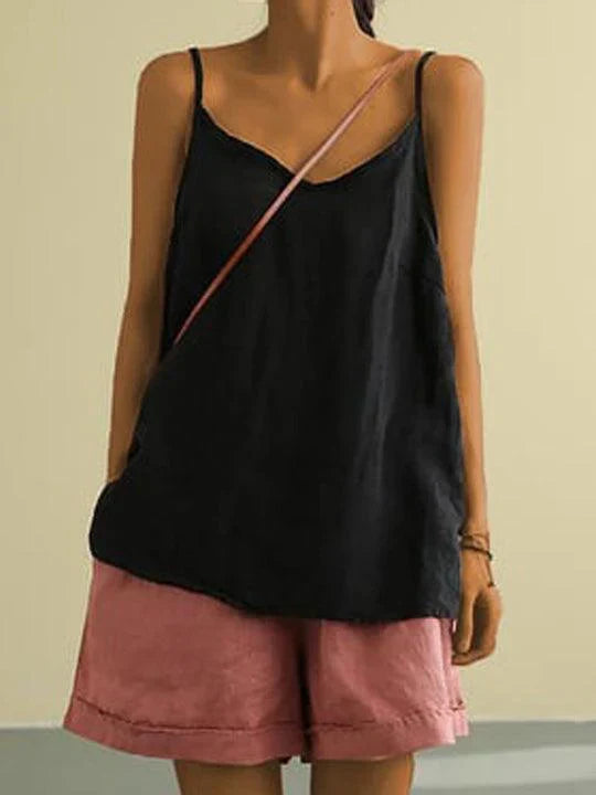 Linen Spaghetti Strap Loose V Neck Cami Top