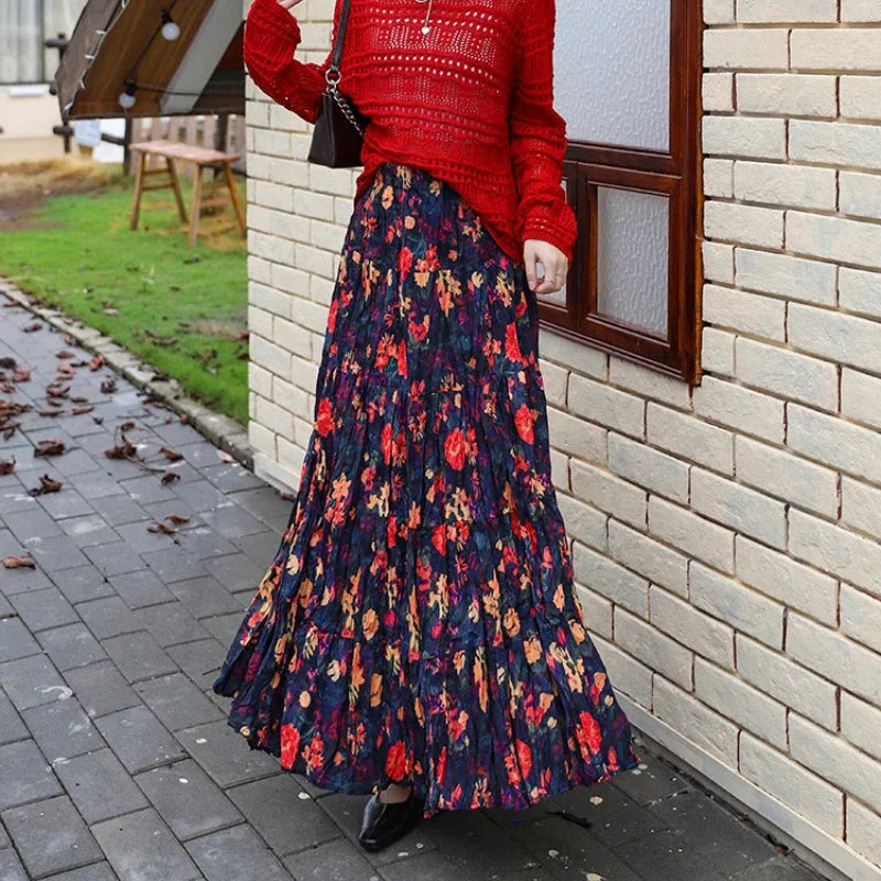 Kawaii Bohemian Floral Maxi Skirt Summer Retro Romantic