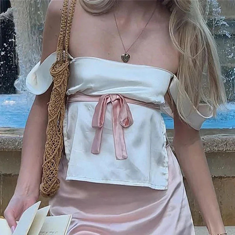 Satin Bow Tie Milkmaid Backless Crop Top