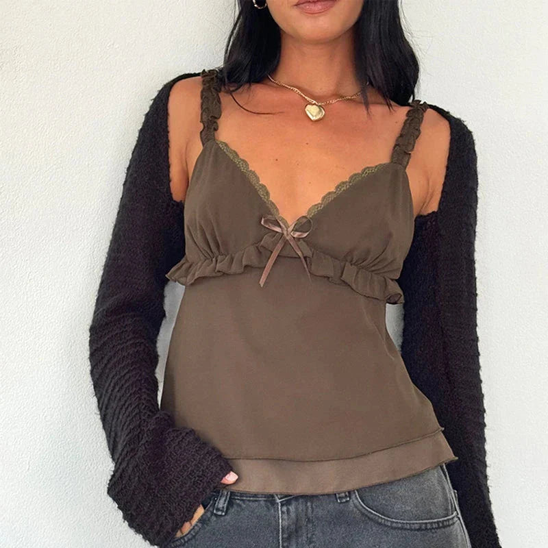 Frill Spaghetti Strap Chiffon Ruffled Crop Top