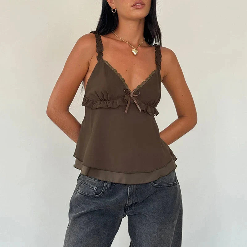 Frill Spaghetti Strap Chiffon Ruffled Crop Top