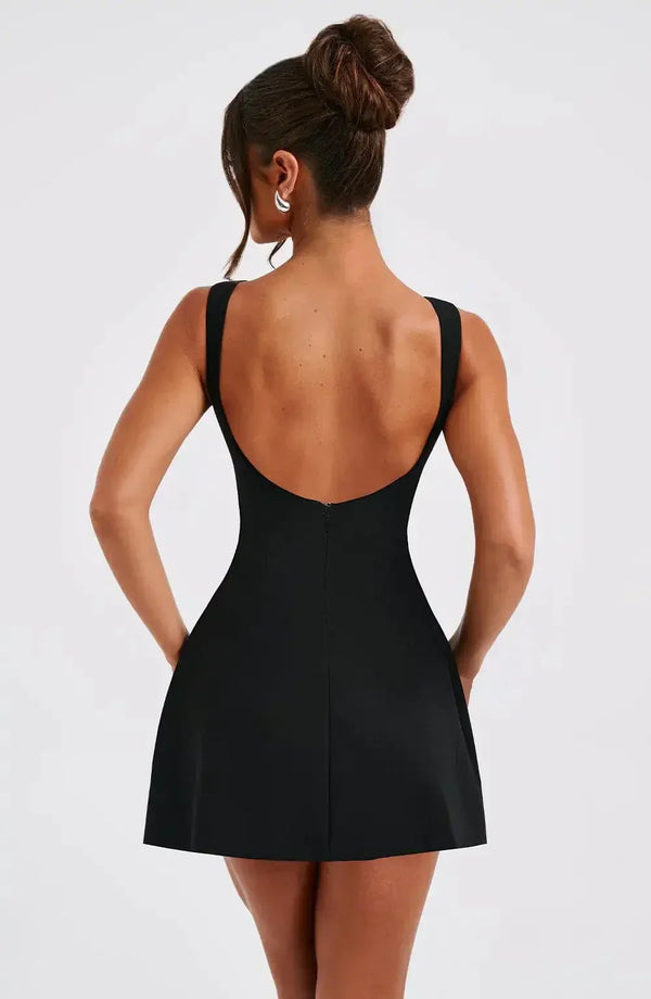 Structured Boat Neck Fit Flare Sleeveless Mini Dress