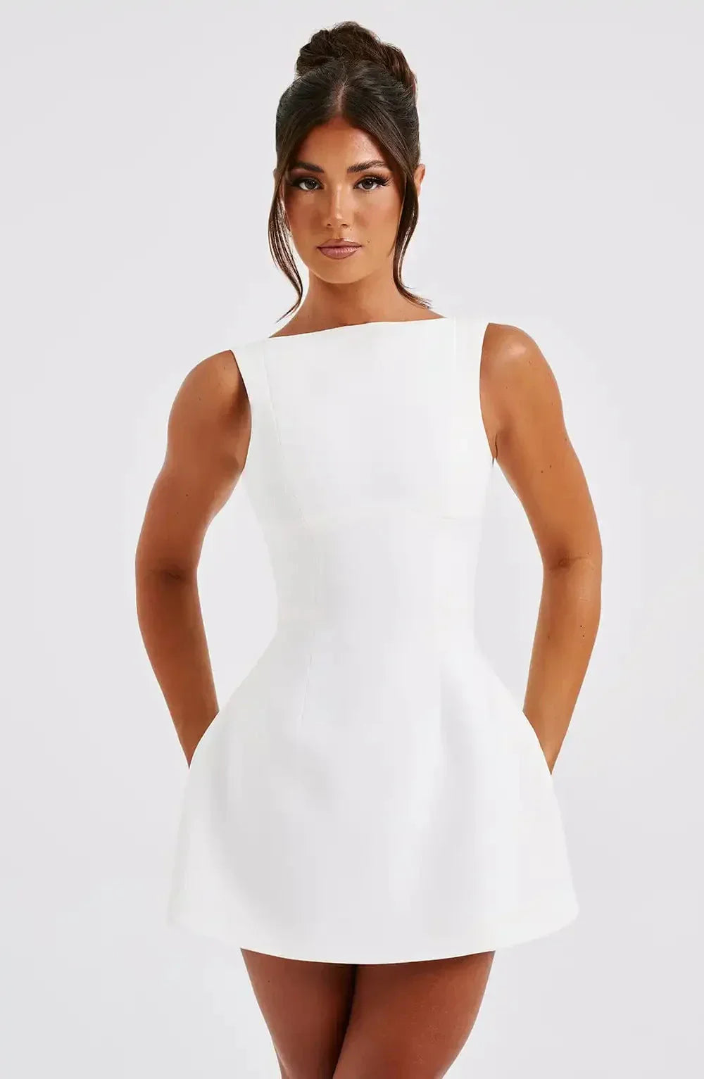 Structured Boat Neck Fit Flare Sleeveless Mini Dress