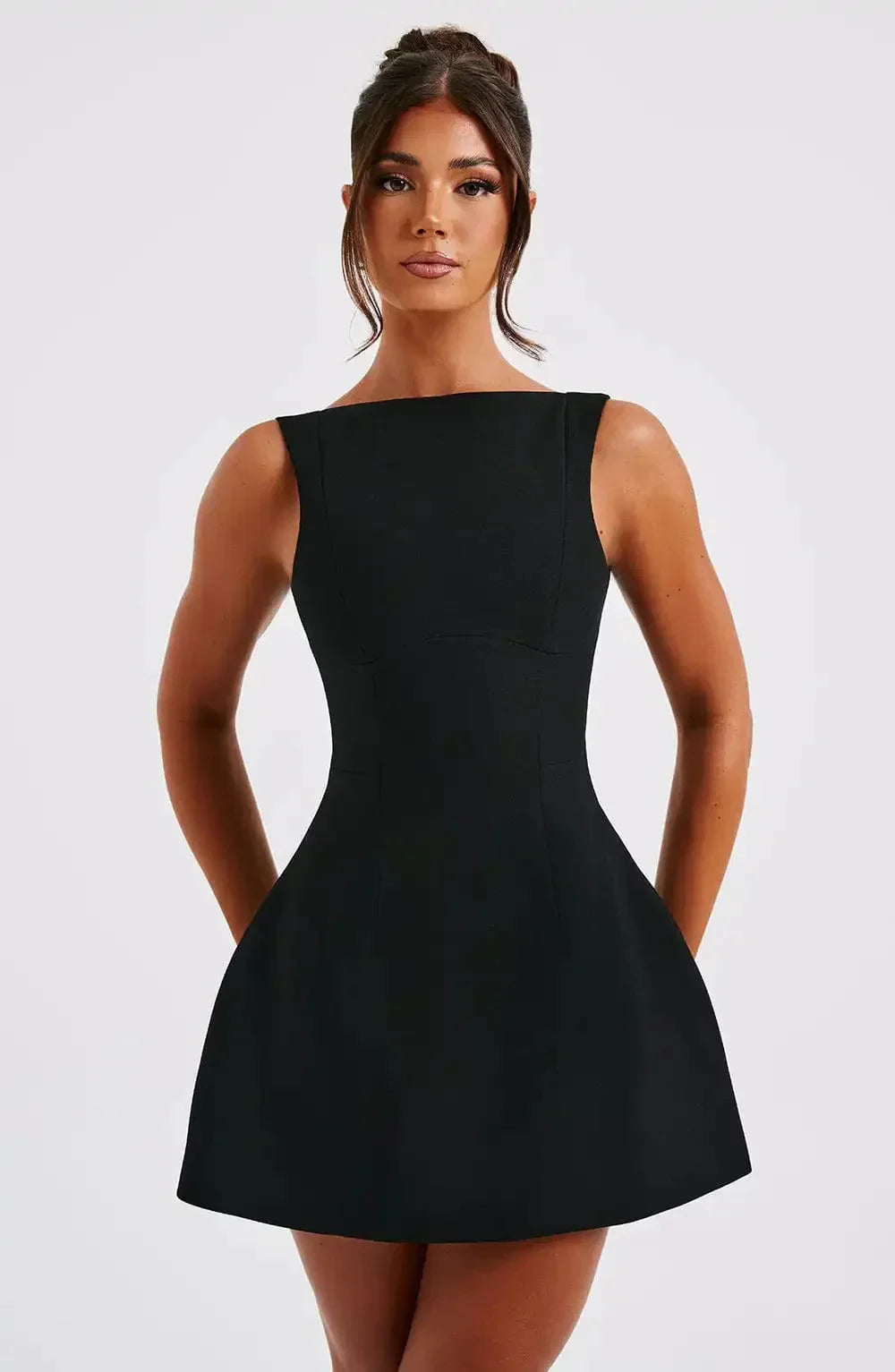 Structured Boat Neck Fit Flare Sleeveless Mini Dress