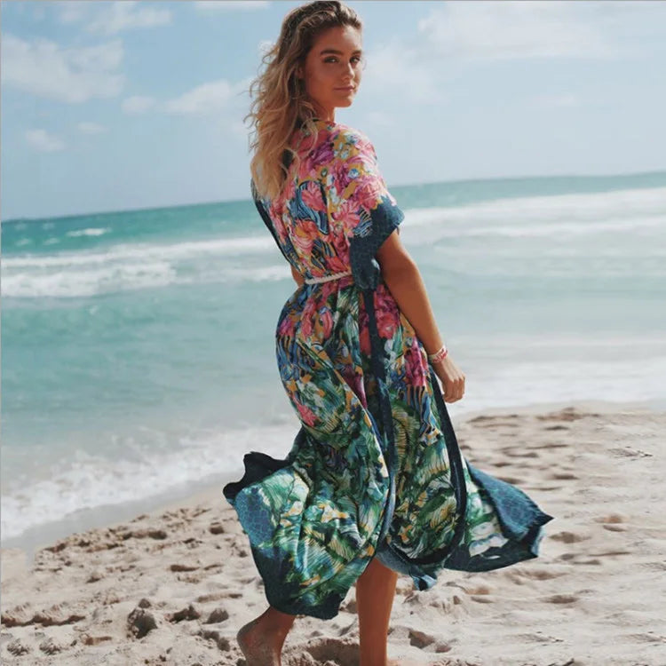 Side Division Kaftan Flower Pattern Bohemian Cover up