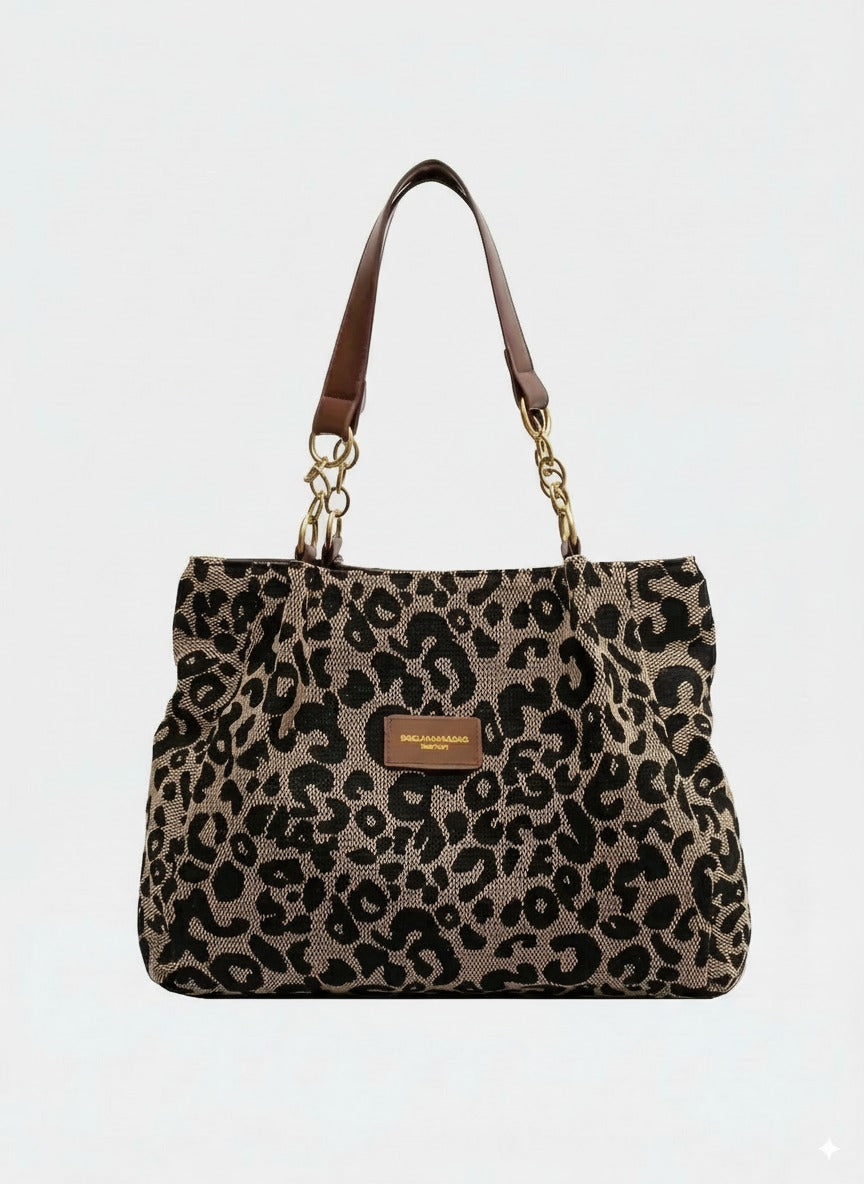 Leopard Print Woven Jacquard Gold Chain Shoulder Tote Bag