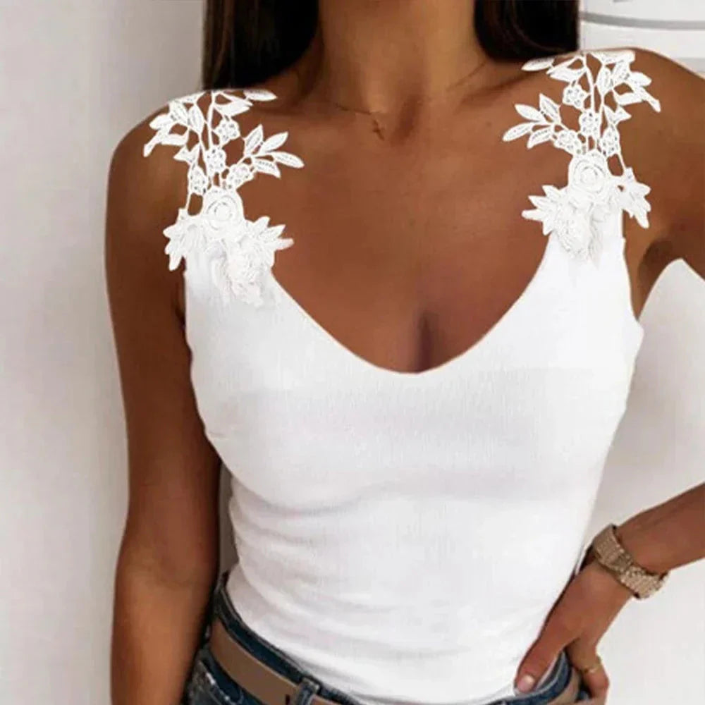 Hollow Lace Petal V-Neck Oversize Casual Slim Fit Tank Top