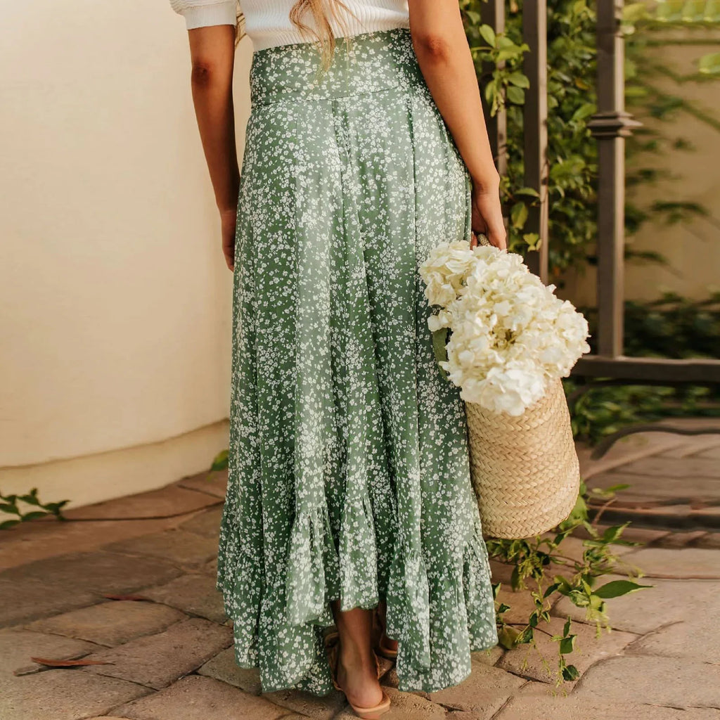 Small Floral Ruffle Korean Style High Waist Swing Long Skirt