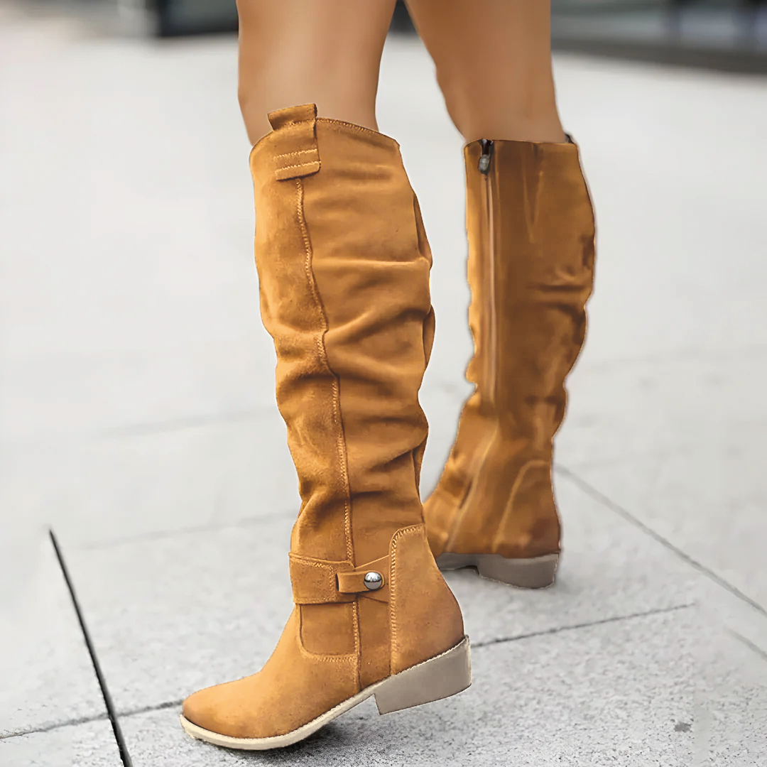 Suede Slouch Ankle Strap Low Block Heel Knee High Boots