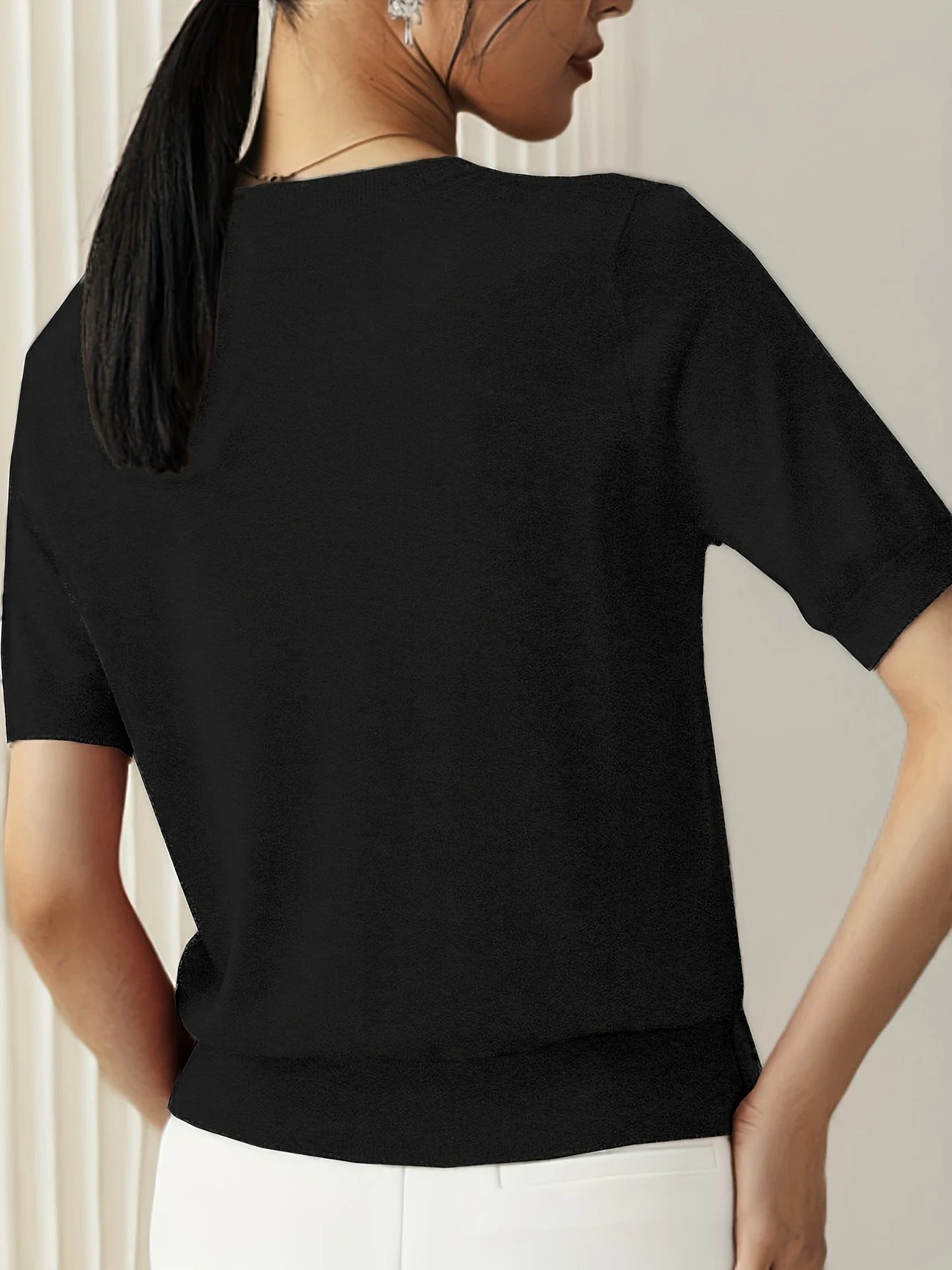Crew Neck Ribbed Hem Short Sleeve Knit Tee