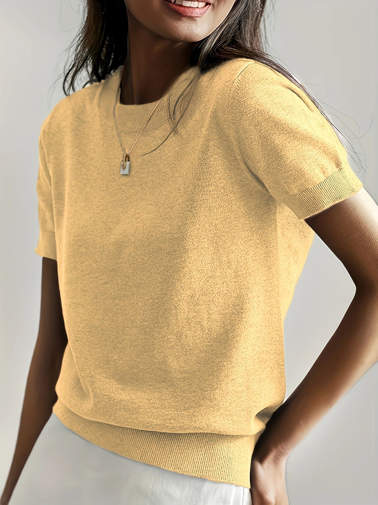 Crew Neck Ribbed Hem Short Sleeve Knit Tee