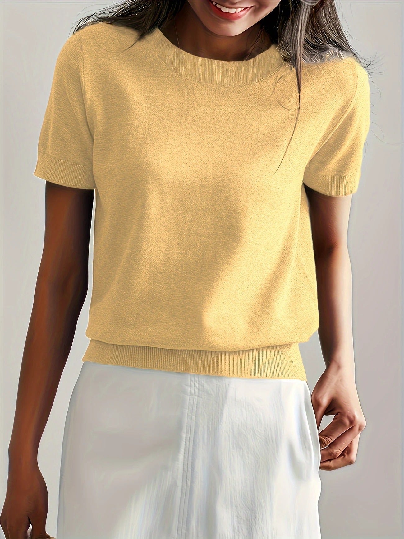 Crew Neck Ribbed Hem Short Sleeve Knit Tee