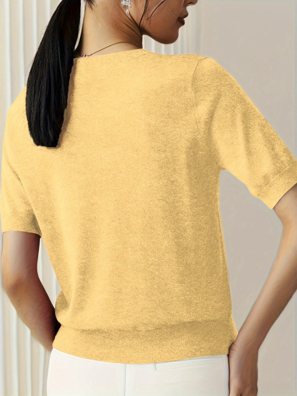 Crew Neck Ribbed Hem Short Sleeve Knit Tee