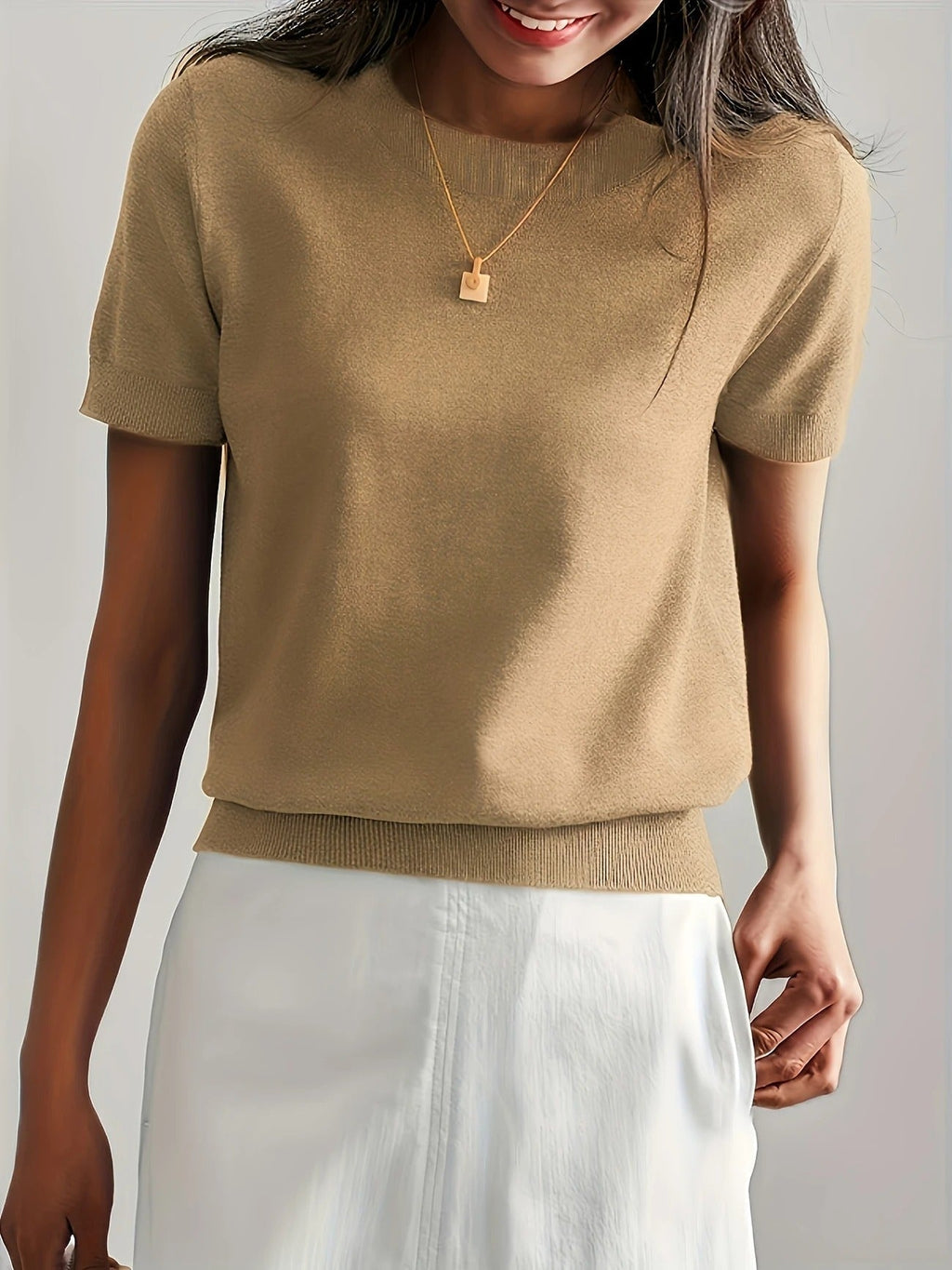 Crew Neck Ribbed Hem Short Sleeve Knit Tee
