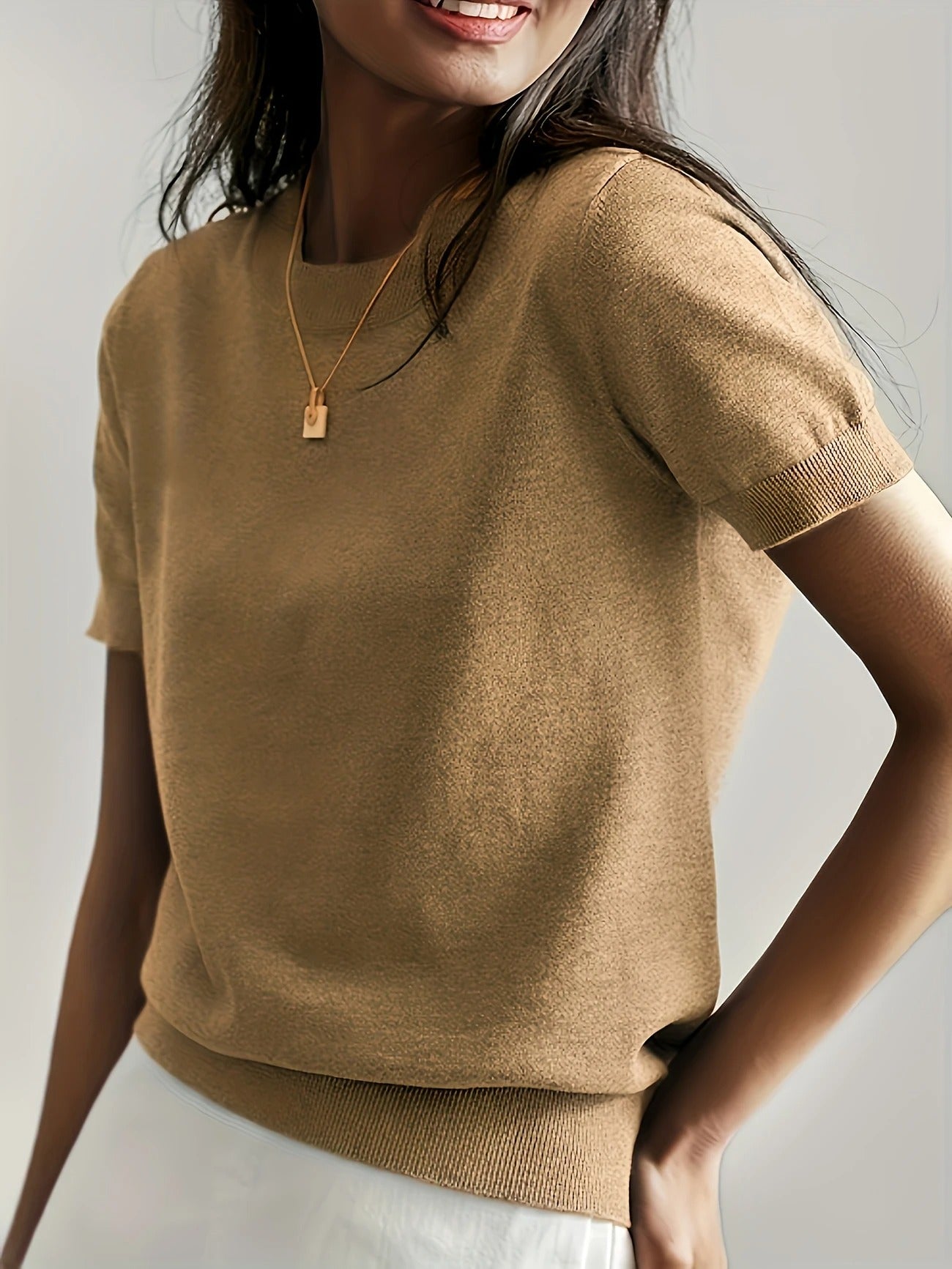 Crew Neck Ribbed Hem Short Sleeve Knit Tee