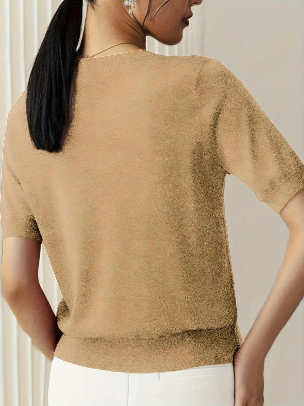 Crew Neck Ribbed Hem Short Sleeve Knit Tee